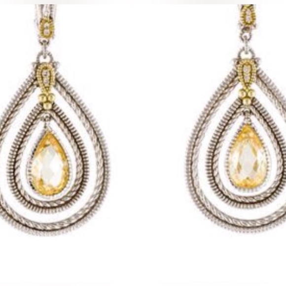 Judith Ripka 925 Sterling Pear drop Citrine & Pave Diamond Earrings 18kGold post - Picture 2 of 11